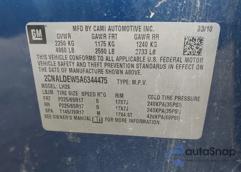 2010 Chevrolet Equinox Lt из США, поврежденный, VIN 2CNALDEW5A6344475